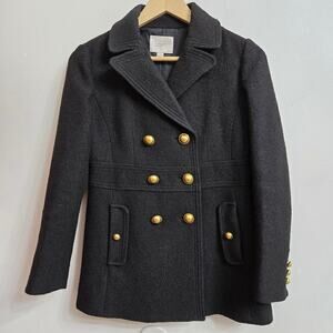 ANN TAYLOR LOFT Petites Womens 2P Black Pea Coat Gold Buttons Wool Blend Classic